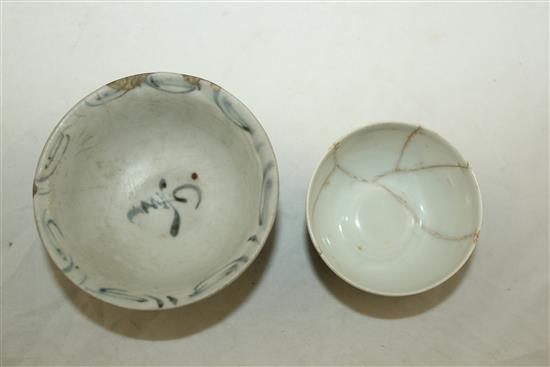 A Chinese doucai cup and a Ming blue and white cup, 16th century or later, 5.5cm & 7.6cm, some damage